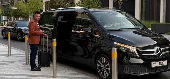CalibRide airport transfer – chauffeur meeting traveller at Dubai Airport with luxury car.