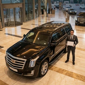 CalibRide chauffeur waiting at Dubai Airport arrivals for Dubai airport transfers