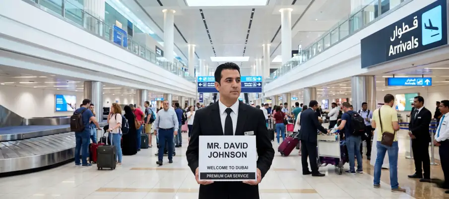 Chauffeur service Dubai airport — driver waiting at DXB arrivals with name sign