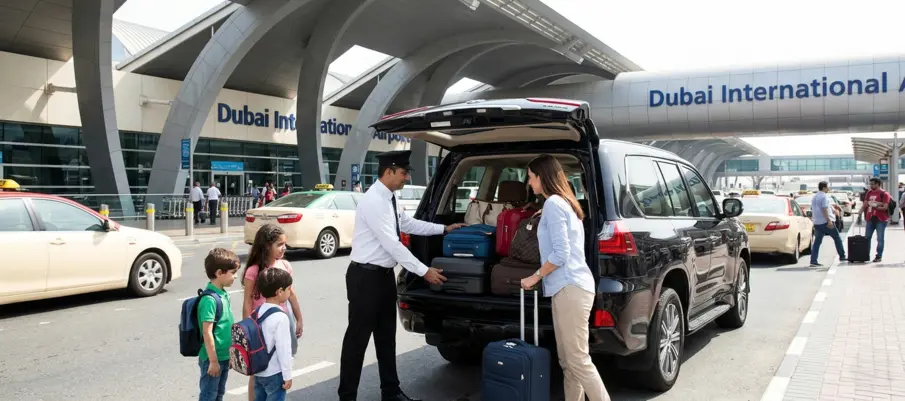Family using rent a car with driver service for Dubai airport pickup