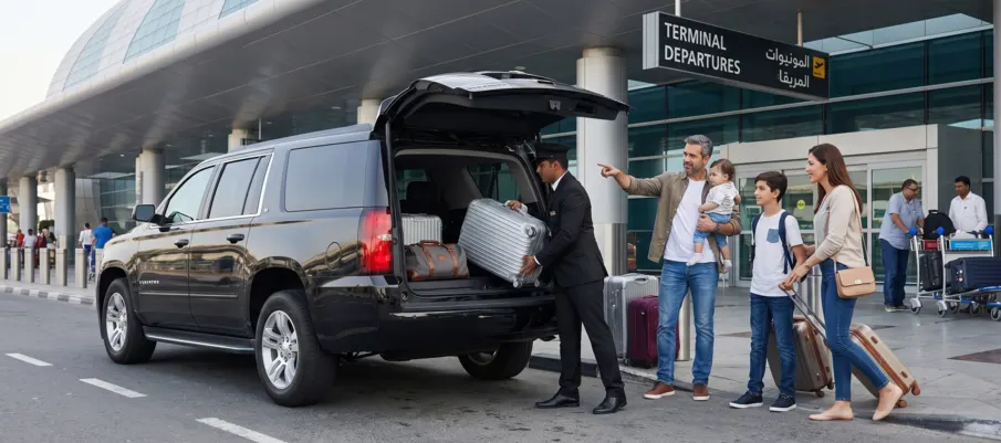 Family using chauffeur service Dubai airport for arrival pickup