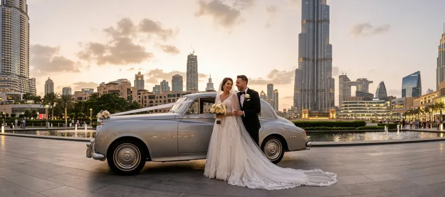 Wedding car rental Dubai photo session at Burj Khalifa