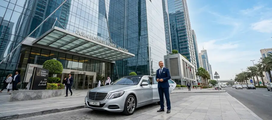 Monthly chauffeur service Dubai — driver with sedan parked at office tower