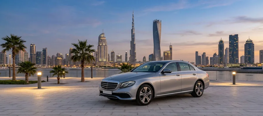 Private chauffeur Dubai sedan with city skyline backdrop