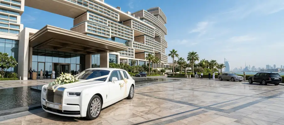 Wedding car rental Dubai — white Rolls-Royce decorated with ribbon at venue