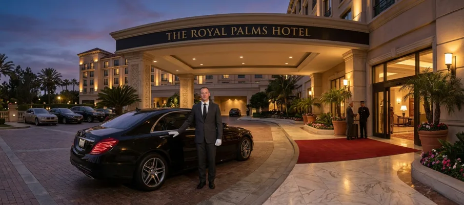 Chauffeur car hire Dubai — driver in suit beside black sedan at hotel entrance