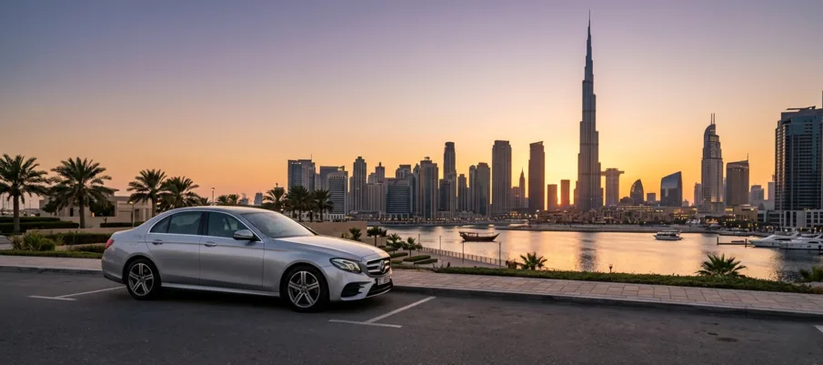 Chauffeur car hire Dubai sedan against city skyline