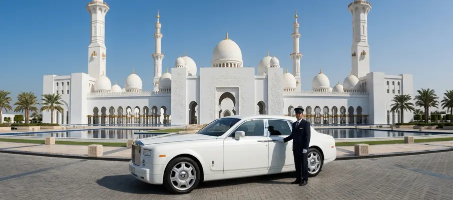 Rent a car with driver in Abu Dhabi — sedan with chauffeur outside Sheikh Zayed Grand Mosque