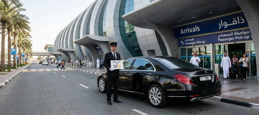 Luxury airport transfer Dubai — chauffeur with executive sedan at DXB arrivals