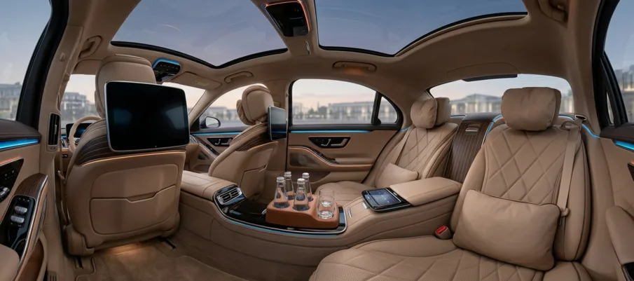 Luxury airport transfer Dubai — premium sedan interior with amenities