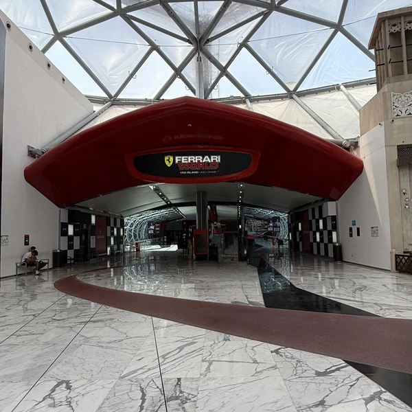 Ferrari World entrance on Yas Island, popular add-on to a private Abu Dhabi city tour